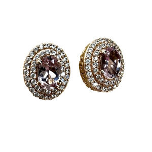 Pink Morganite & Moissanite Oval-cut Halo Stud Earrings 18k Gold Vermeil 925 SS